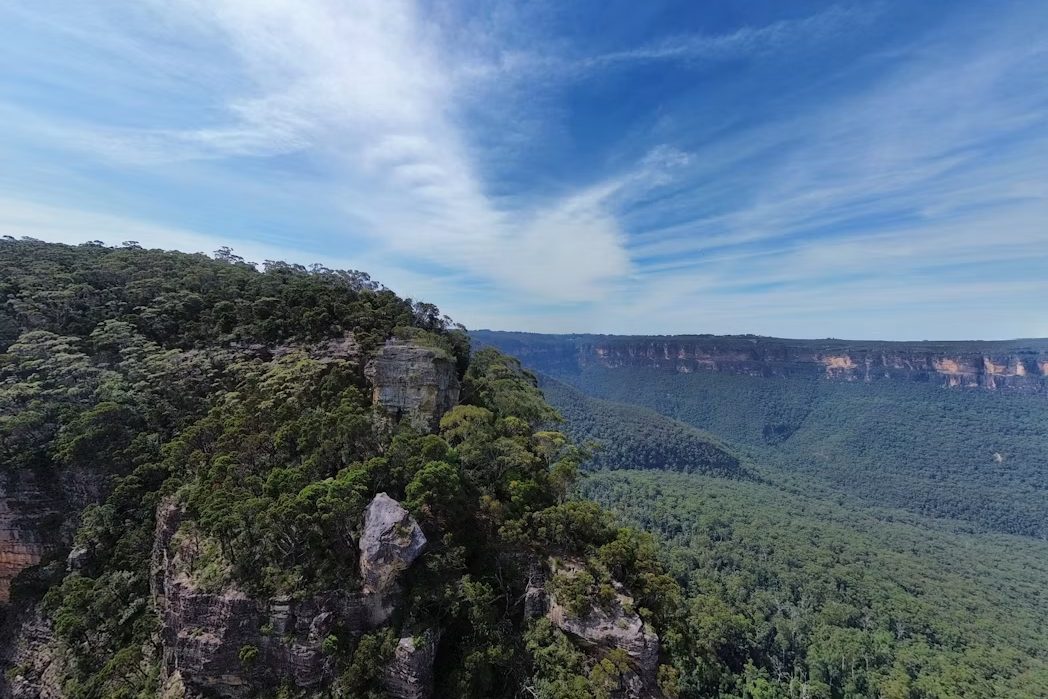 A forested escarpment with exposed rock cliffs dropping away to a wide wooded valley under high cloud