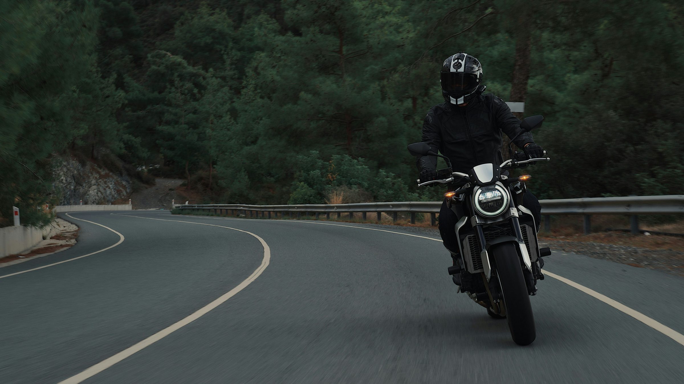 A rider in dark gear cornering on a wet tarmac road through dense forest, with a metal guardrail on the outside of the bend