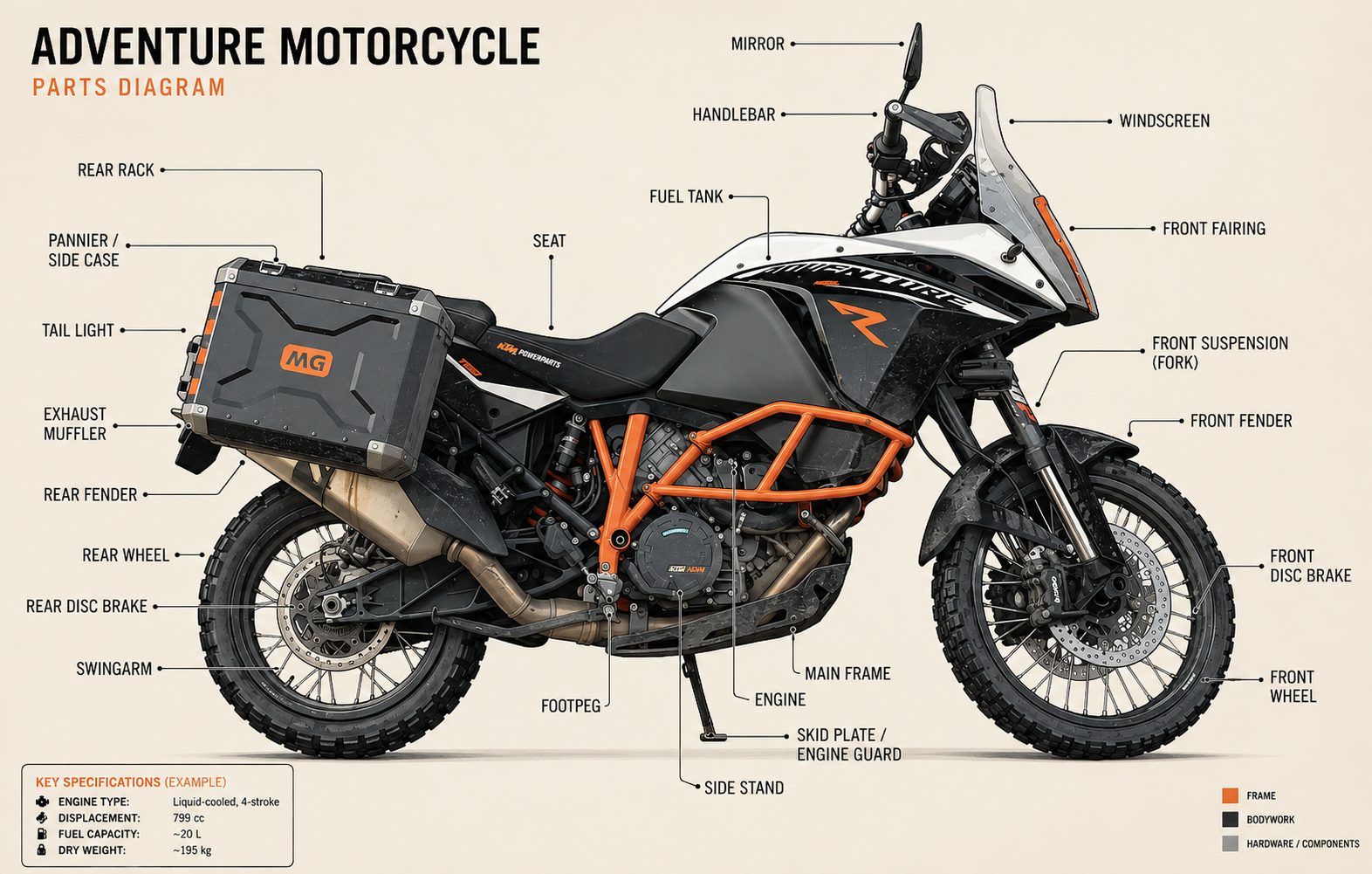 A labelled side view diagram of an adventure motorcycle naming the main parts, from windscreen and front fork through engine and main frame to swingarm and rear rack