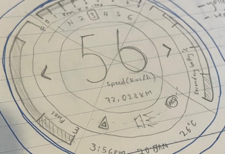 Hand-drawn pencil sketch of a circular motorcycle dashboard on graph paper: speedometer at 56 km/h, RPM ring, fuel, temperature and clock.
