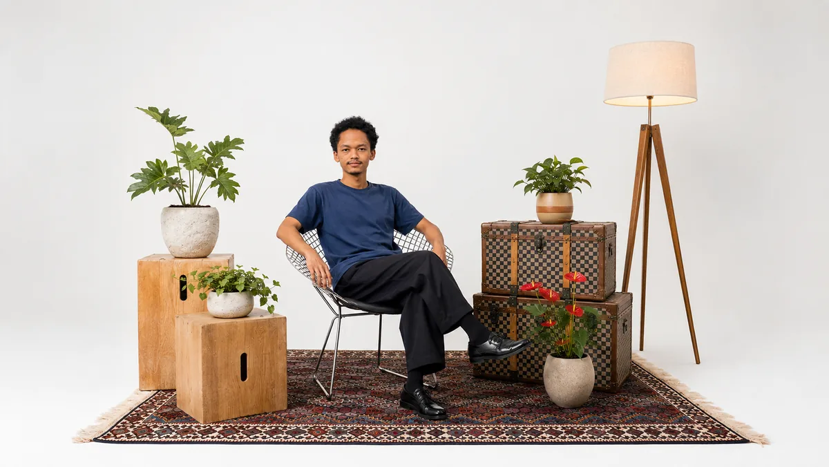 Luis Howin seated in a wire chair among potted plants, wooden blocks, vintage trunks and a floor lamp in his studio.