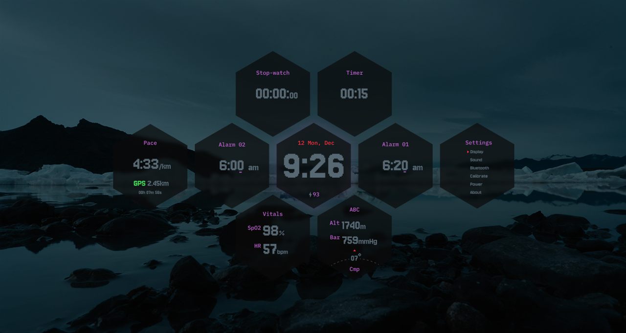 Watch interface concept: hexagonal tiles for stopwatch, timer, pace, alarms, vitals and compass over a cold mountain landscape.